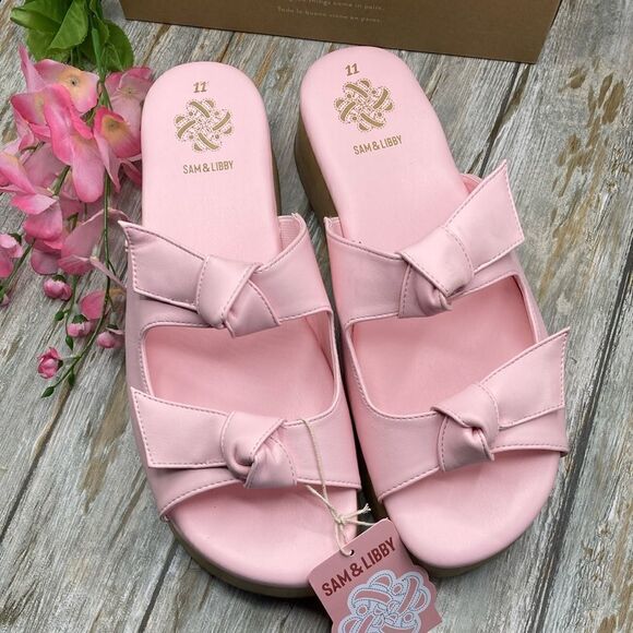 Sam & Libby Pink Platform Double Bow Tie Comfy Dress Sandals Shoes Size 11 - Picture 1 of 14